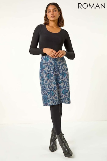 Roman Blue Baroque Floral Stretch Skirt (AH1026) | £32