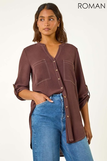 Roman Brown V-Neck Longline Button Detail Shirt (AH1048) | £38