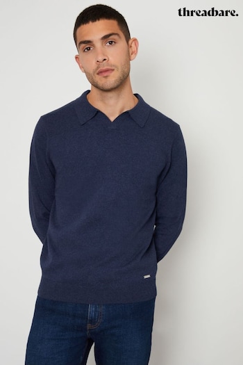 Threadbare Blue Trophy Neck Knitted Long Sleeve Polo Shirt (AH1183) | £24