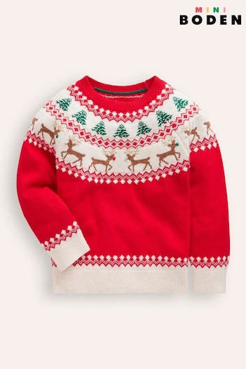 Boden Red Reindeer Track Fair Isle Jumper (AH4775) | £37 - £42