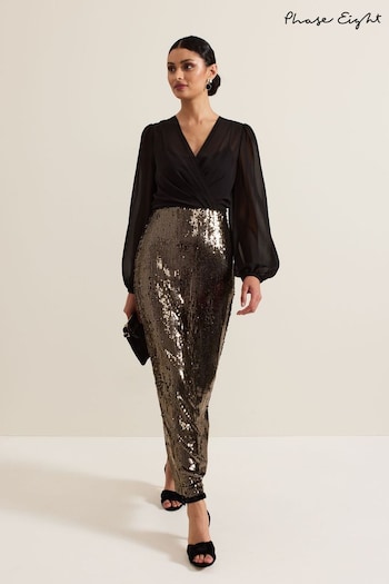 Phase Eight Black Aniya Sequin Long Sleeved Maxi Dress (AH5517) | £199