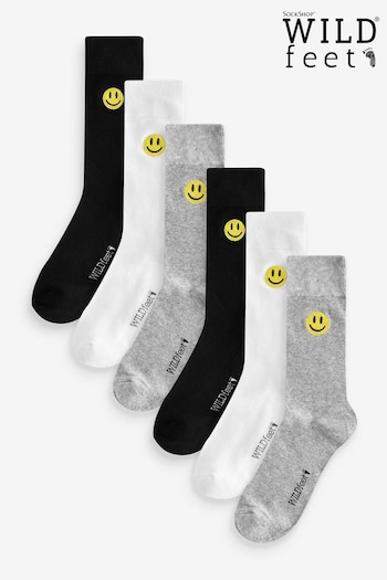 Wild Feet White Smiley Embroidered Crew Socks 6 packs (AH6787) | £16