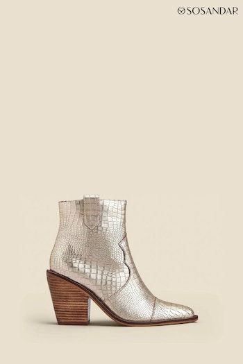 Sosandar Gold Gold Croc Leather Tab Detail Western Ankle  Boots (AH9288) | £119