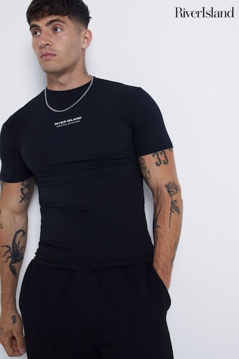 River Island Black Muscle Fit Brand Carrier 100% Cotton T-Shirt (AH9580) | £18