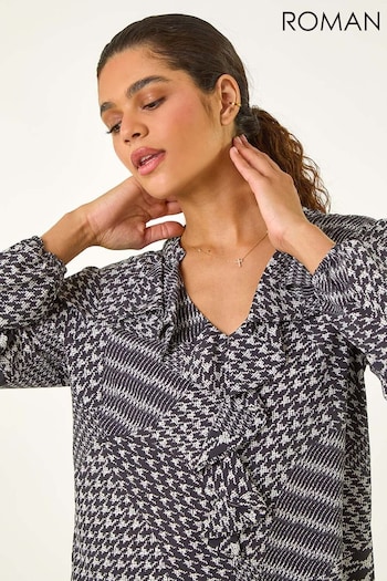 Roman Black Houndstooth Print Ruffle Top (AH9805) | £35