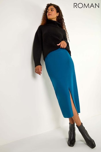 Roman Blue Front Split Knitted Midi Skirt (AH9812) | £35