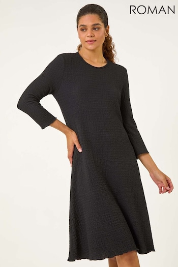 Roman Black Textured A-Line Stretch Midi Dress (AH9829) | £42