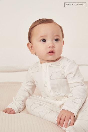 The White Company Organic Cotton Cloud Rib Zip White Sleepsuit (AJ0244) | £26