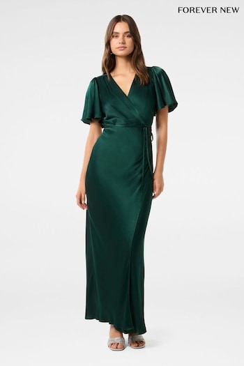 Forever New Green Chelsea Flutter Sleeves Satin Maxi Dress (AJ0369) | £120