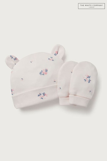 The White Company 100% Organic Cotton Hattie Floral Hat burgundy And Mitt White Set (AJ2559) | £16