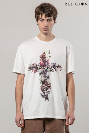 Religion White Cross Botanical 100% Cotton T-Shirt (AJ2638) | £35