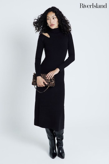 River Island Black Long Sleeve Cut Out High Neck Midi Dress (AJ3453) | £48