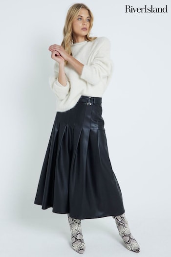 River Island Black Faux Leather Pleated Midi Skirt (AJ3504) | £50