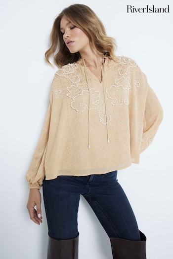 River Island Brown Long Sleeve Tie Neck Pearl Embellished 100% Cotton Blouse (AJ3507) | £55