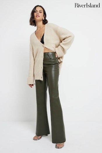 River Island Khaki Faux Leather Relaxed Straight Leg Trousers (AJ3578) | £40