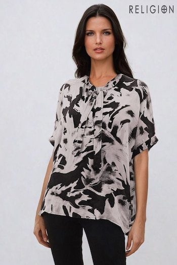 Religion Black Oversized Hidden Blouse In Abstract Print On Cupro (AJ3621) | £65