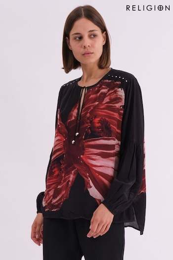 Religion Red Twist Blouse With Large Abstract Floral Placement Print And Neck Tie (AJ3658) | £68