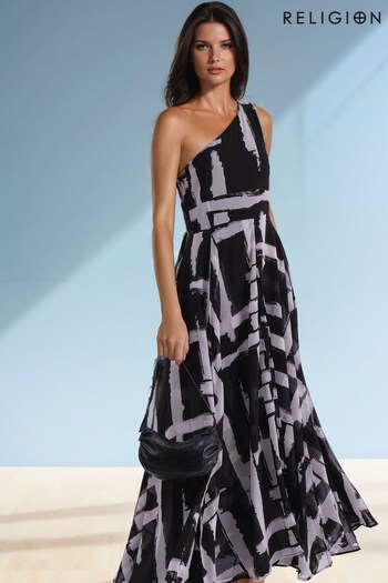 Religion Charcoal Black Signature One Shoulder Maxi Dress With Full Multi Layered Skirt (AJ3664) | £112