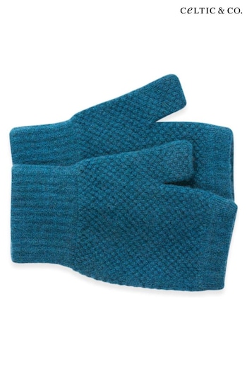 Celtic & Co. Blue Lambswool Moss Stitch Fingerless Mitts Gloves (AJ3829) | £30