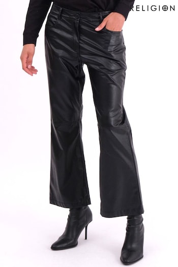 Religion Black Nebula Faux Leather Boot Cut Trousers in Matt Finish (AJ4650) | £65