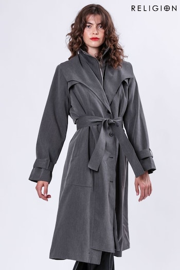 Religion Grey Spirit Maxi Trench Coat With Draped Double Layer And Belt (AJ4653) | £160