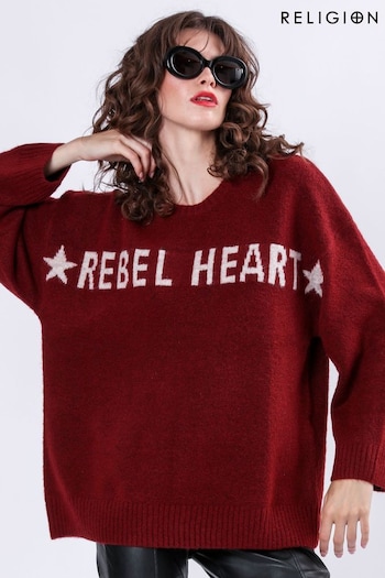 Religion Red Oversized Rebel Heart Jumper with Stars (AJ4673) | £85