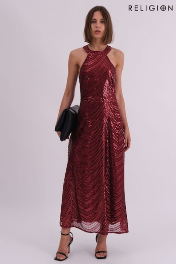 Religion Red Touch Sequin Halter Neck Maxi Dress (AJ4677) | £120