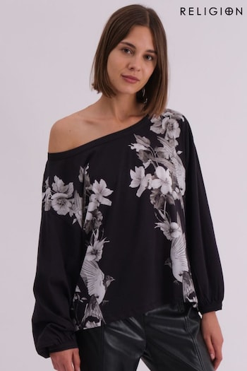 Religion Black Off the Shoulder Inversion Top With Swallow Placement Print (AJ5610) | £58