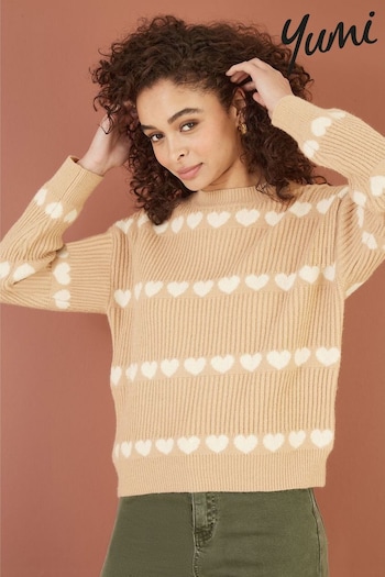 Yumi Brown Knitted Jumper With Heart Stripes (AJ6374) | £50