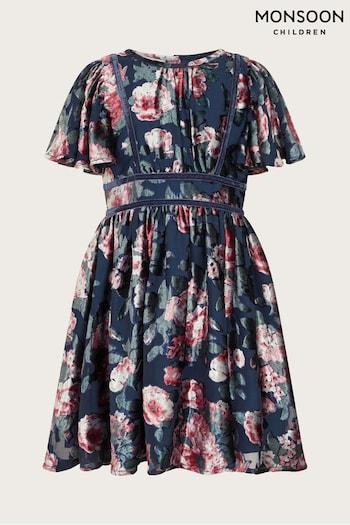 Monsoon Blue Flutter Sleeve Devore Floral Dress (AJ7111) | £44 - £52