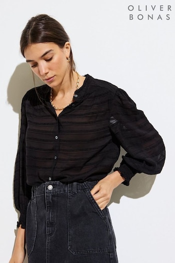 Oliver Bonas Black Textured Stripe Sheer Blouse (AJ7733) | £55