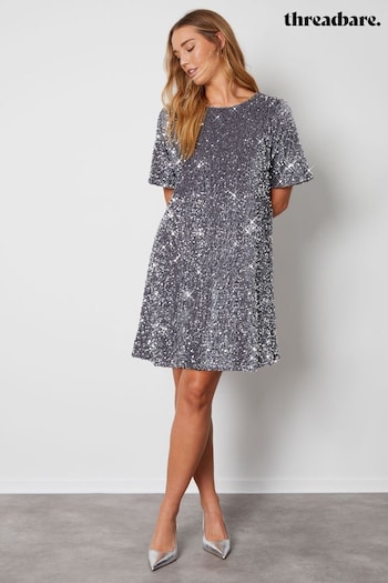 Threadbare Silver Sequin Velour Mini Party Dress (AJ7816) | £42