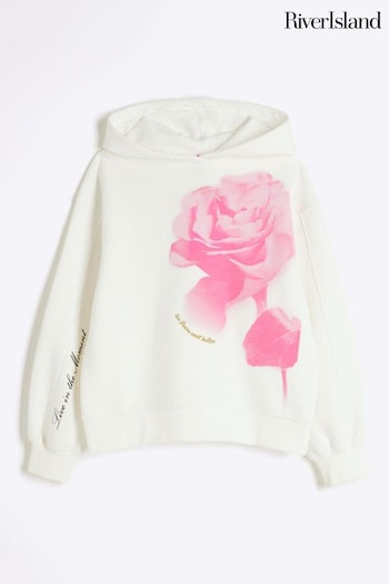 River Island Cream Oversized Girls Rose 100% Cotton Hoodie (AJ8032) | £18