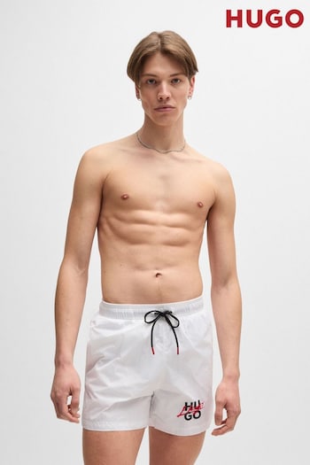 HUGO White Stacked Logo Swim Shorts With Full Lining (AJ8548) | £49