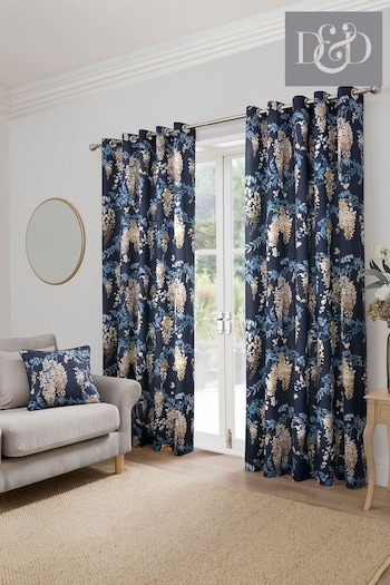 D&D Navy Wisteria 100% Cotton Pair of Eyelet Curtains (AJ9348) | £25 - £65