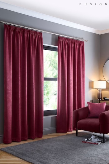 Fusion Burgundy Red Galaxy Dim Out Woven Pair of Pencil Pleat 100% Cotton Curtains (AJ9353) | £22 - £65