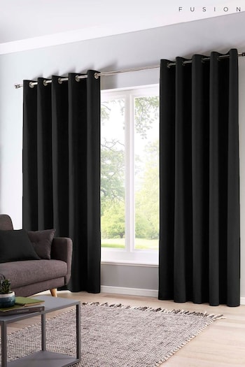 Fusion Black Sorbonne 100% Cotton Pair of Eyelet Curtains (AJ9357) | £22 - £65