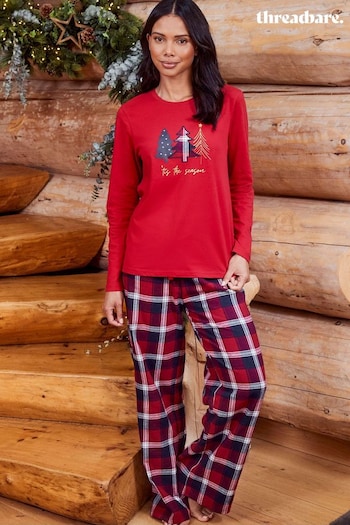 Threadbare Red Curve 100% Cotton Long Sleeve Christmas Check Pyjamas Set (AJ9543) | £24