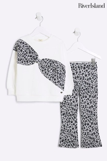 River Island Cream Girls Leopard Print Bow 100% Cotton Sweatshirt (AJ9889) | £24