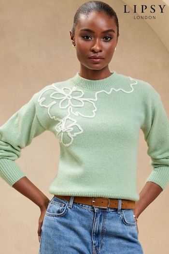 Lipsy Green Knitted Cornelli Flower Detail Cosy Jumper (AK0164) | £48