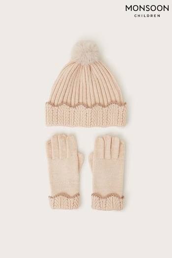 Monsoon Brown Faux Fur Pom-Pom Hat And Gloves Set (AK0167) | £25 - £26