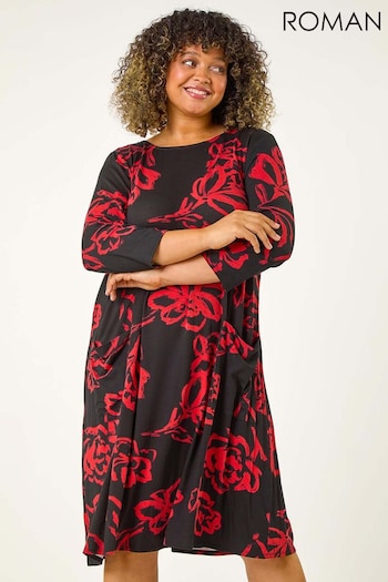 Roman Red Curve Floral Print Pocket Swing Dress (AK0728) | £42