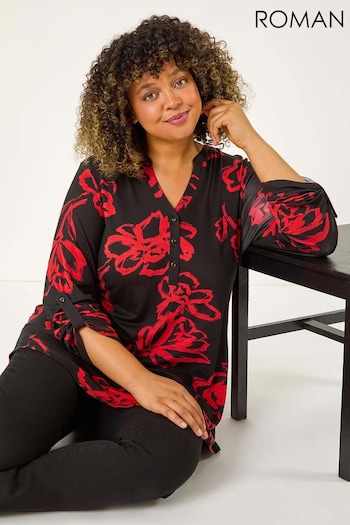 Roman Red Curve Stretch Jersey Floral Print Top (AK0758) | £38