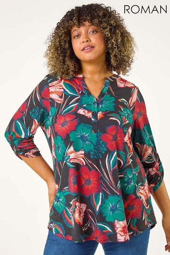 Roman Red Curve Stretch Jersey Floral Print Top (AK0765) | £38