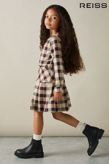 Reiss Burgundy Elif 4-9 yrs Check Piped Pleated Dress (AK1771) | £75