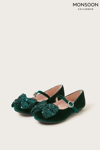 Monsoon Green Sequin Bow Velvet Ballet Flats (AK3188) | £25 - £29