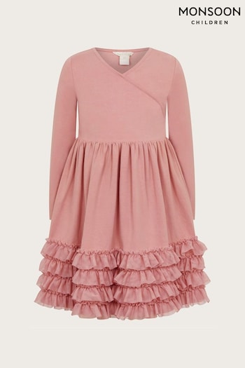 Monsoon Pink Long Sleeve Jersey Ruffle Wrap Dress (AK3231) | £30 - £35