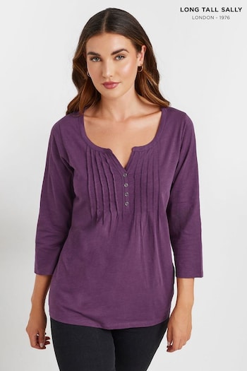 Long Tall Sally Purple 3/4 Sleeve Pintuck Henley 100% Cotton Top (AK3407) | £23