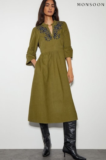 Monsoon Green Edith Corduroy Ruffle 100% Cotton Dress (AK3601) | £90