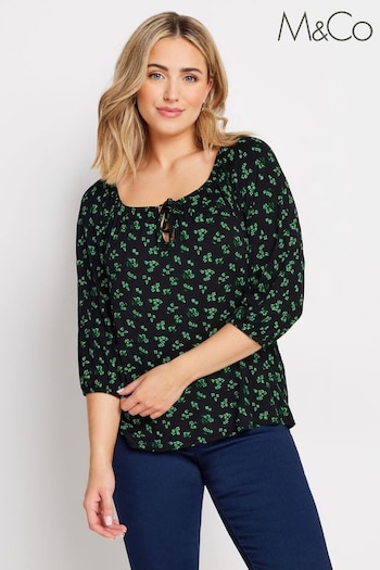 M&Co Black Leaf Floral Keyhole Front Top (AK3732) | £28